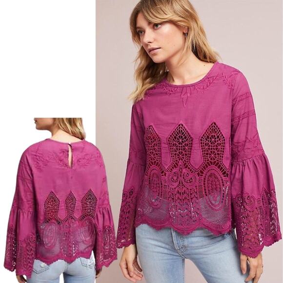Anthropologie Tops - Anthropologie Chloe Oliver Lace Embroidered Bell Sleeve Blouse Lg Pink Coquette